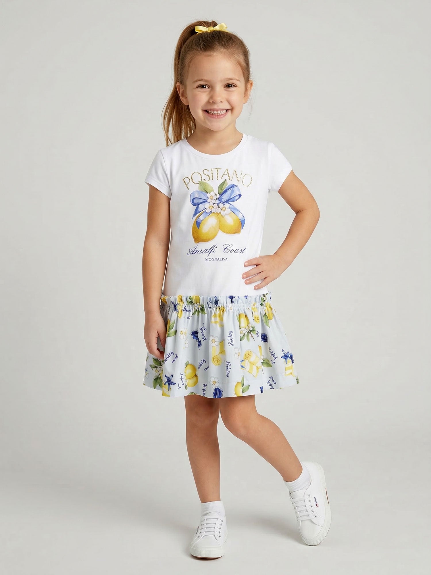 Monnalisa-Girls’ Dress with lemon print & rhinestone