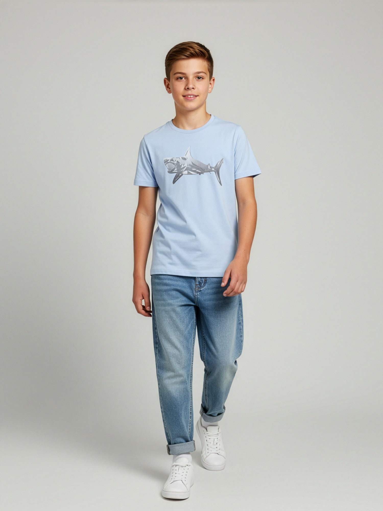 Antony Morato cotton t-shirt with shark print-light blue
