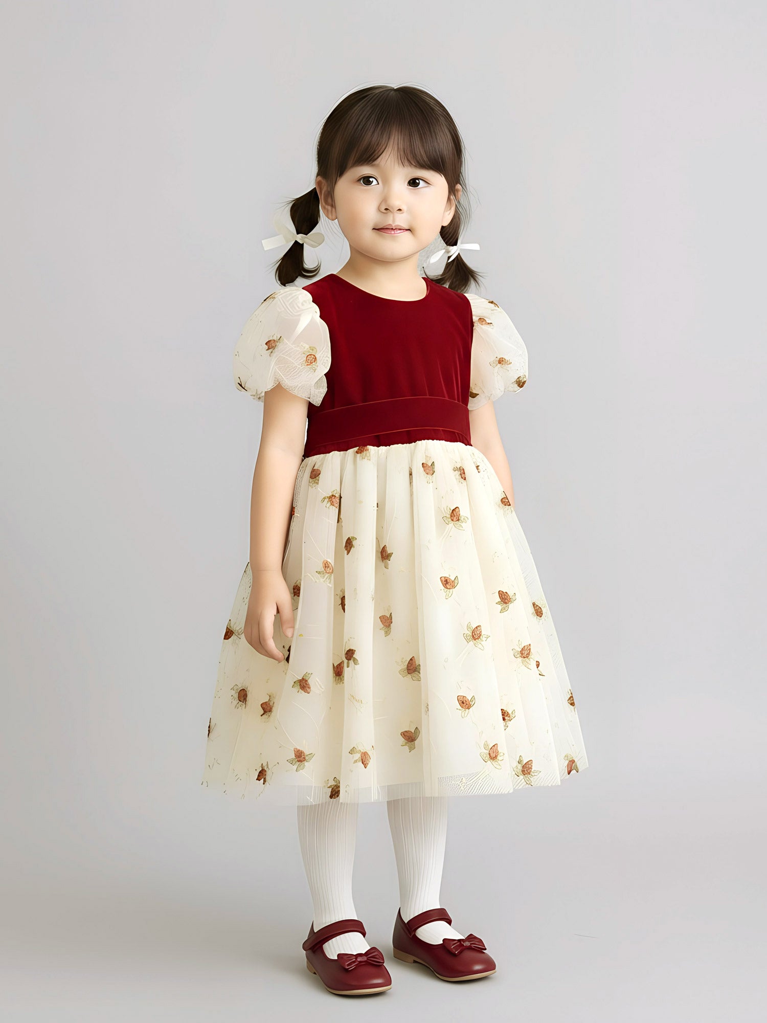 Girl's embroidered dress with silk velvet - CHRISTMAS FLOWER