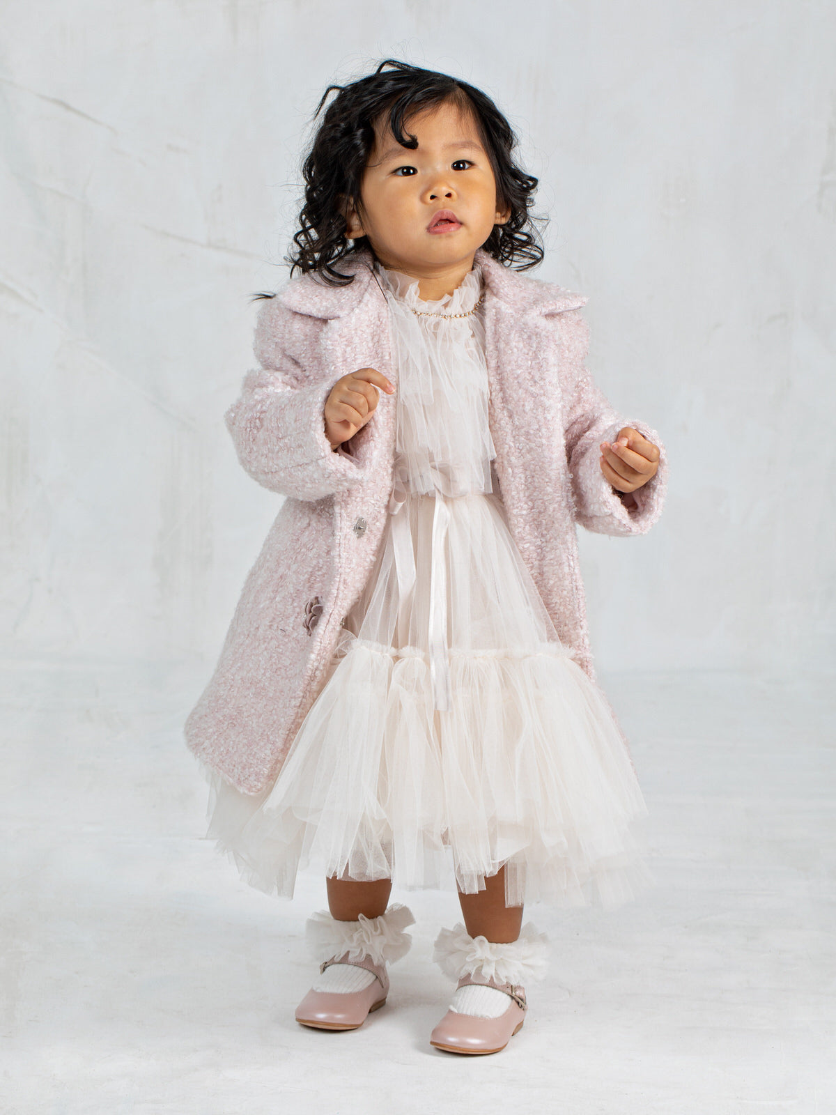 Wool bouclé coat for little girls - ZANA PINK