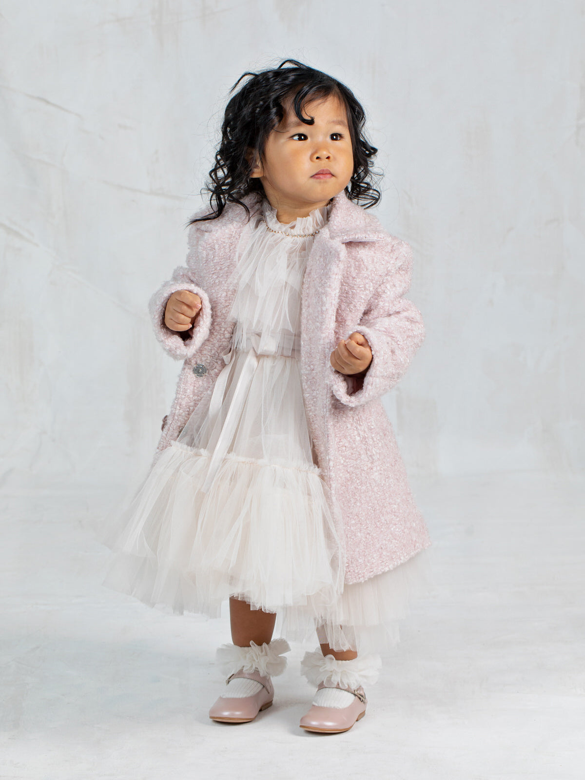 Wool bouclé coat for little girls - ZANA PINK