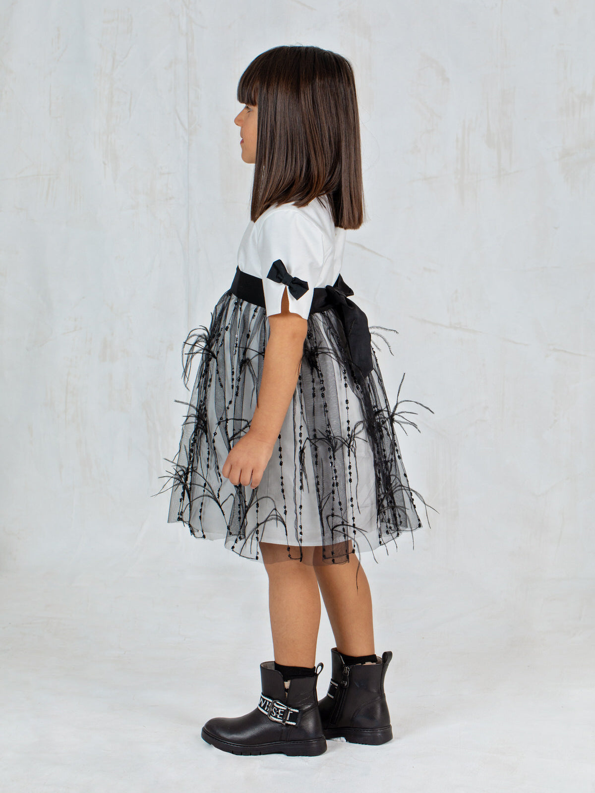 Girl's silk dress with feathers - AURELIA