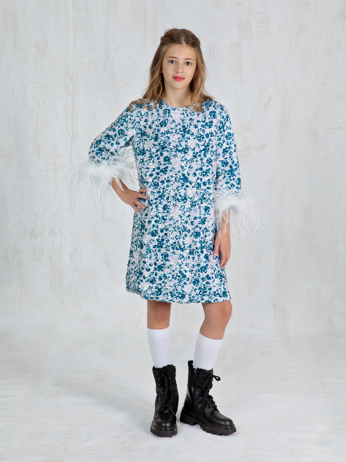 Girls' Velvet A-line dress with payette sequin - FEATHER