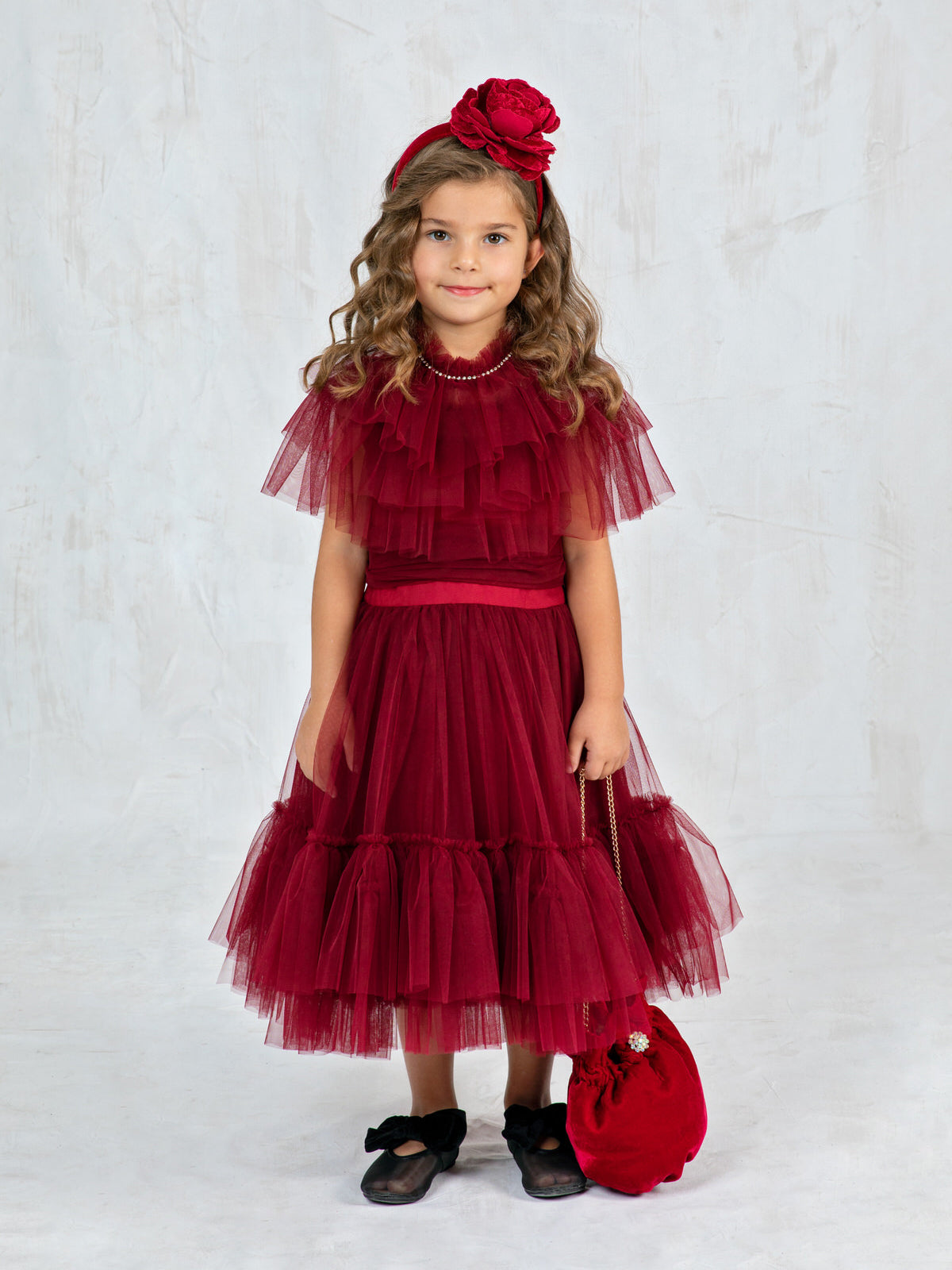 Girl's long tulle dress with rhinestones - RED BERRY