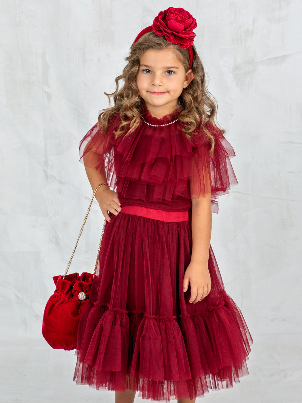 Girl's long tulle dress with rhinestones - RED BERRY