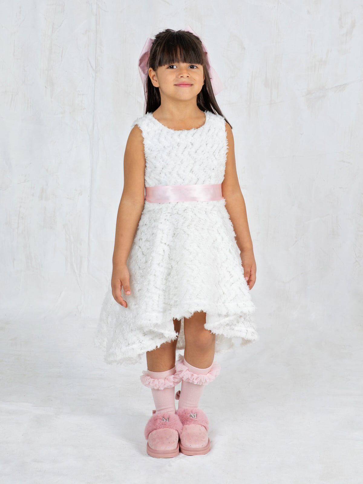 Girl's asymmetric dress with pink satin belt - THEKLA