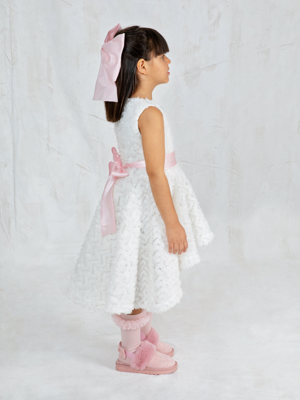 Girl's asymmetric dress with pink satin belt - THEKLA