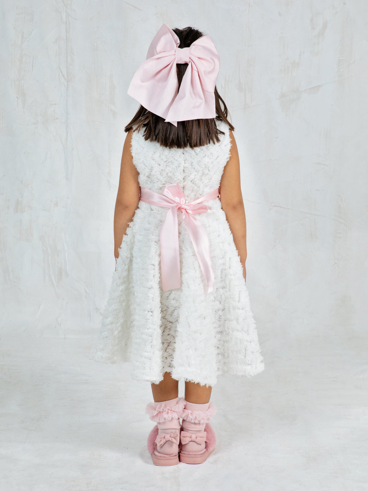 Girl's asymmetric dress with pink satin belt - THEKLA