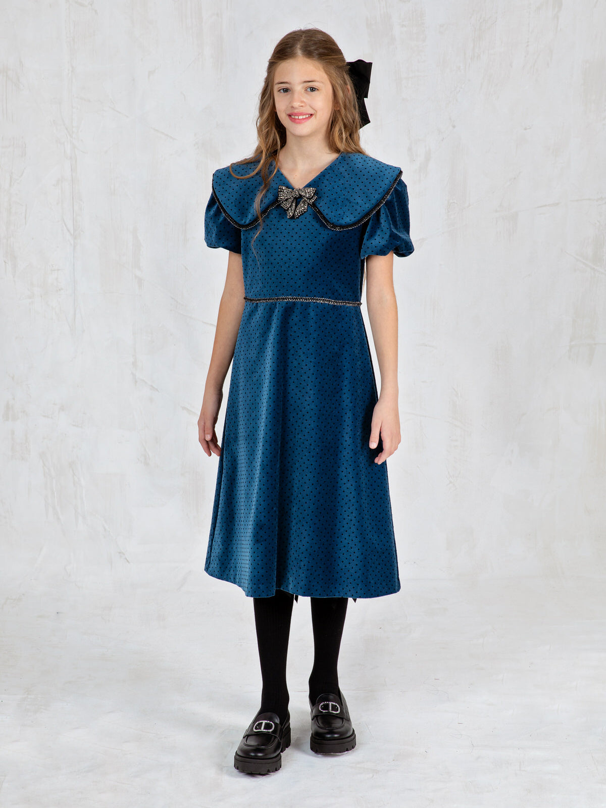 Girls' Velvet long dress with maxi collar - TEONA