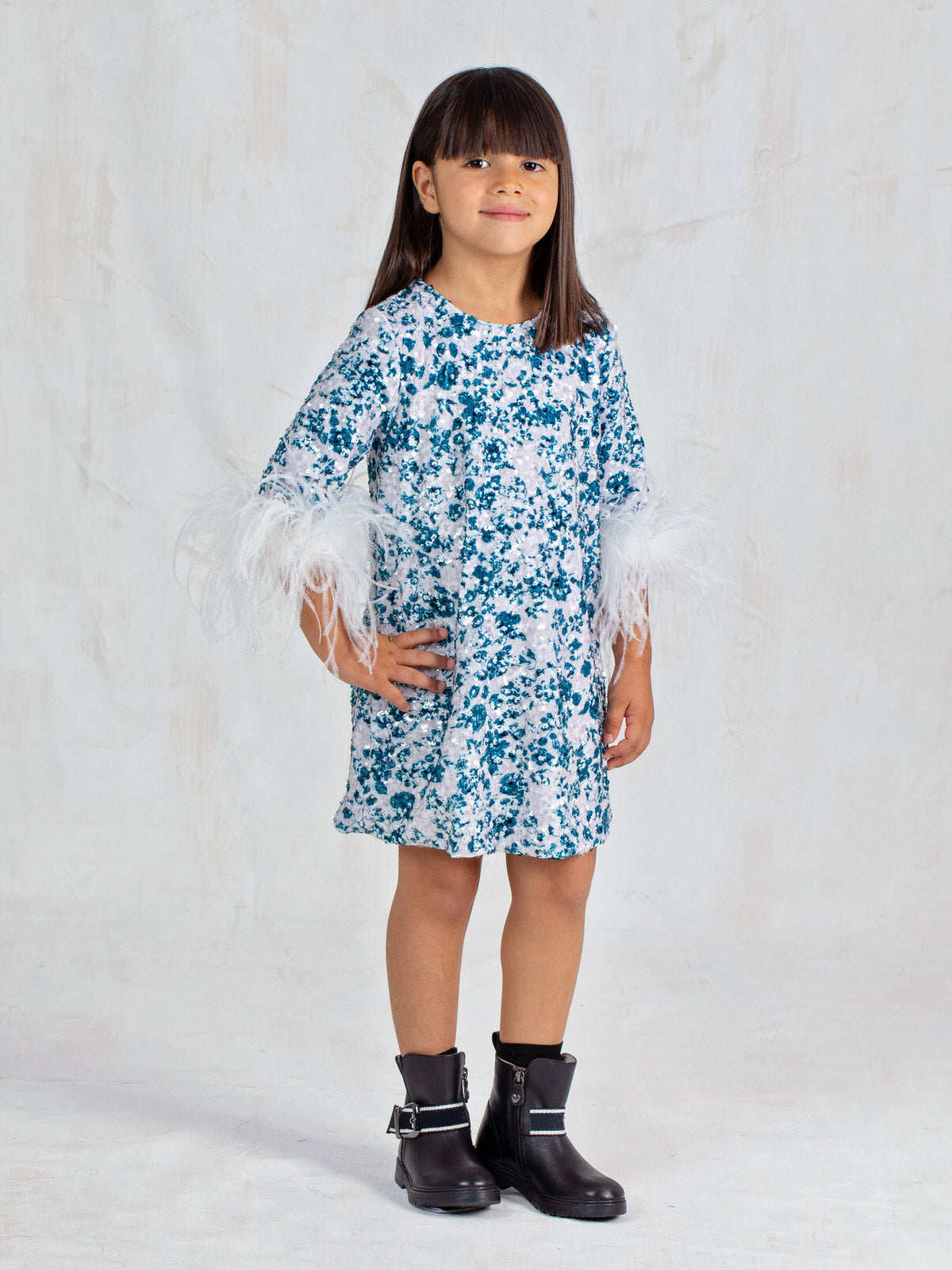 Girls' Velvet A-line dress with payette sequin - FEATHER