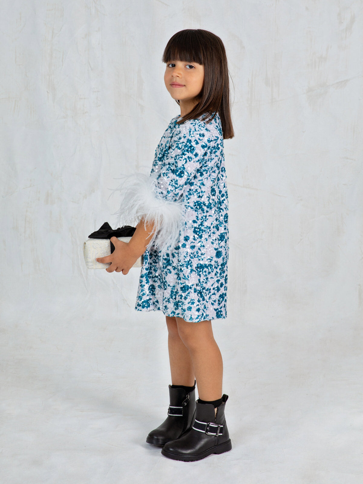 Girls' Velvet A-line dress with payette sequin - FEATHER