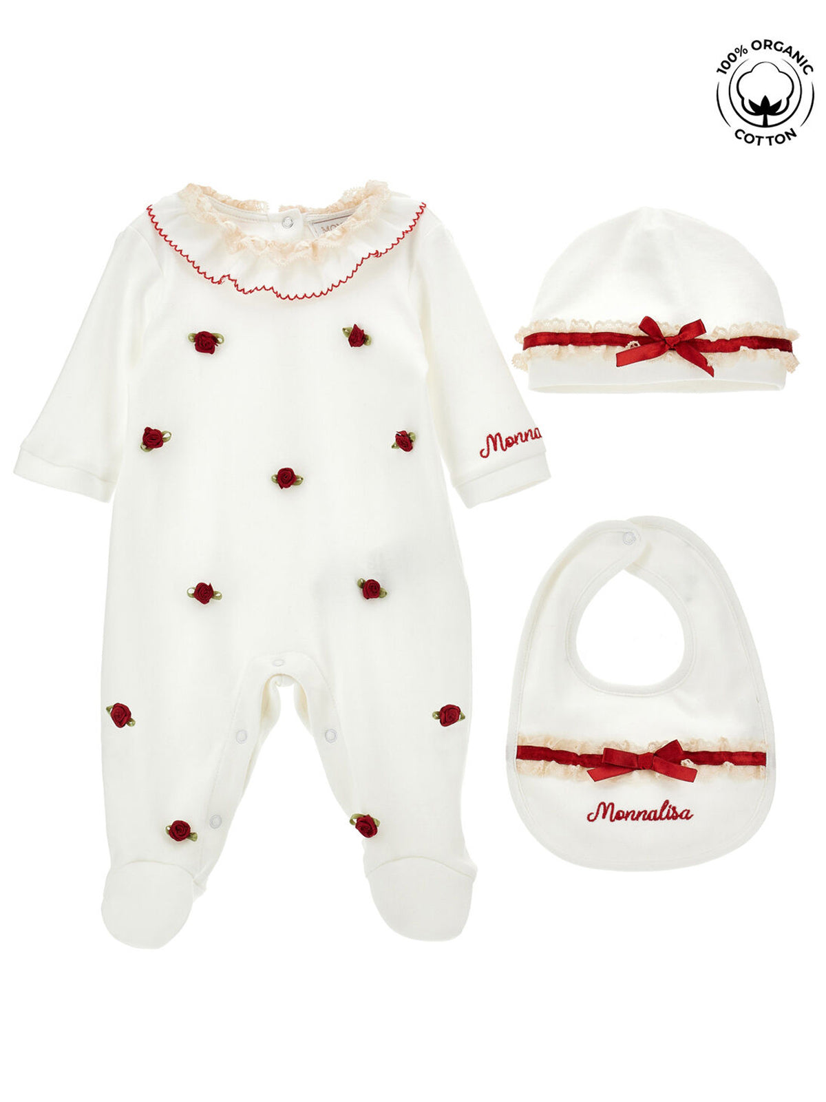 Monnalisa Βρεφικό σετ φορμάκι, σαλιάρα και καπέλο