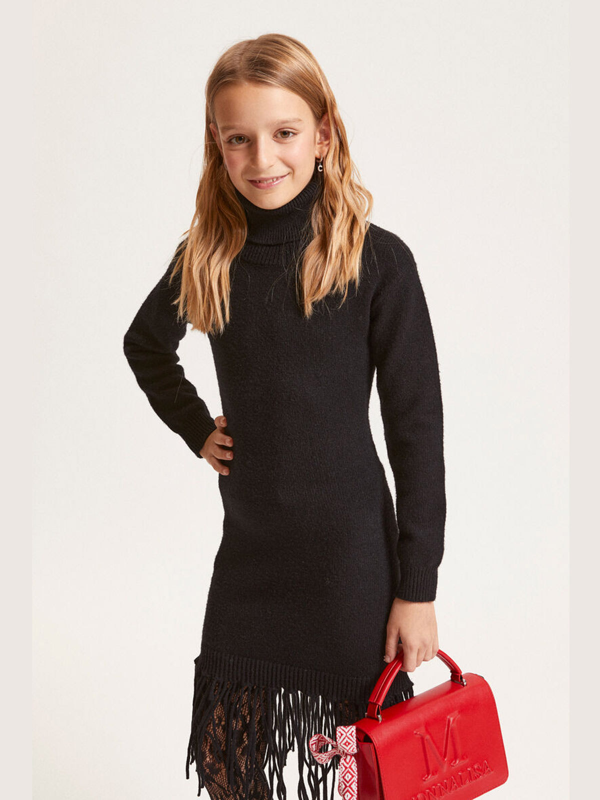 Monnalisa Μαύρο Πλεκτό φόρεμα με ψηλό λαιμό και κρόσσια