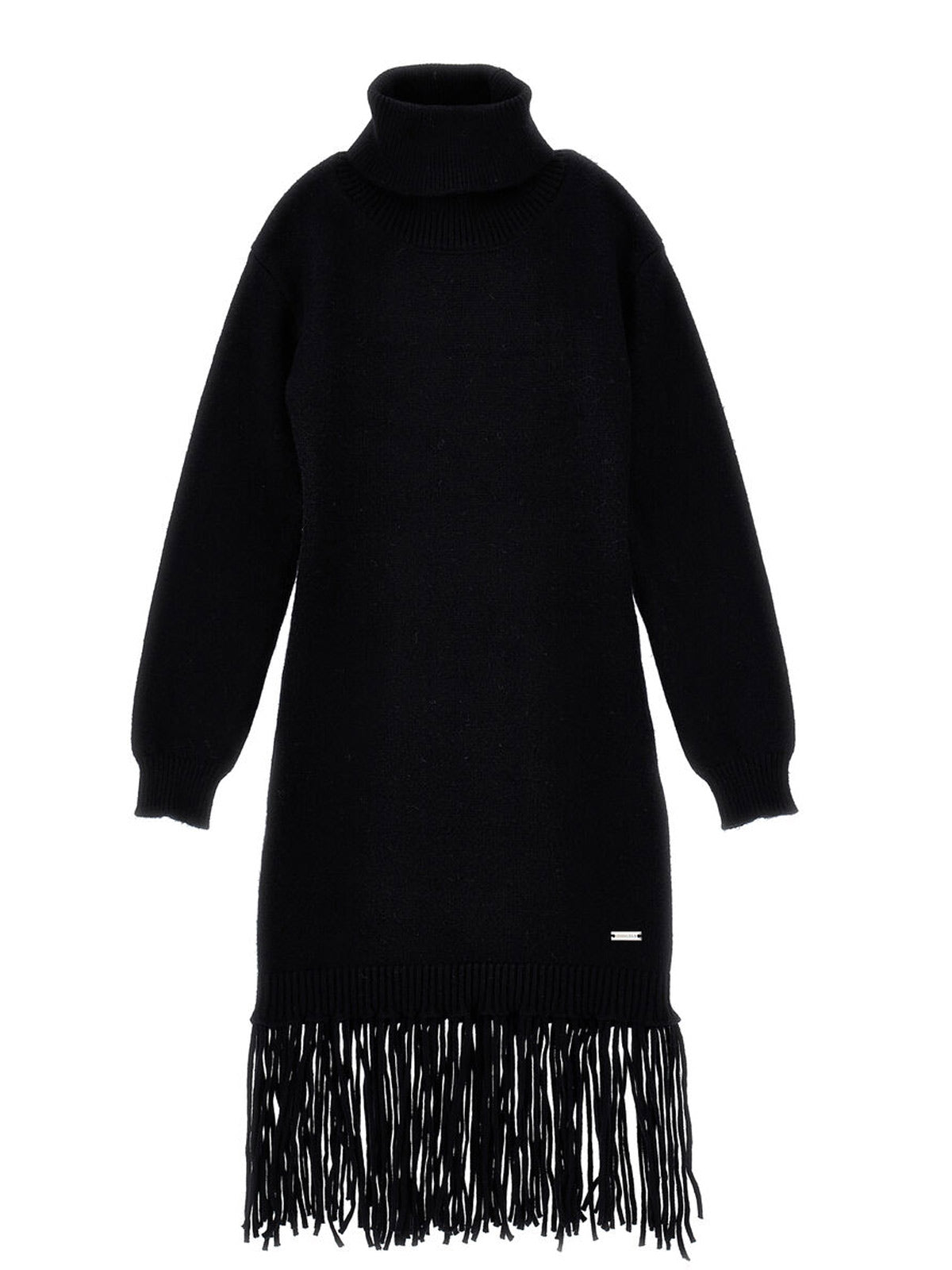 Monnalisa Μαύρο Πλεκτό φόρεμα με ψηλό λαιμό και κρόσσια