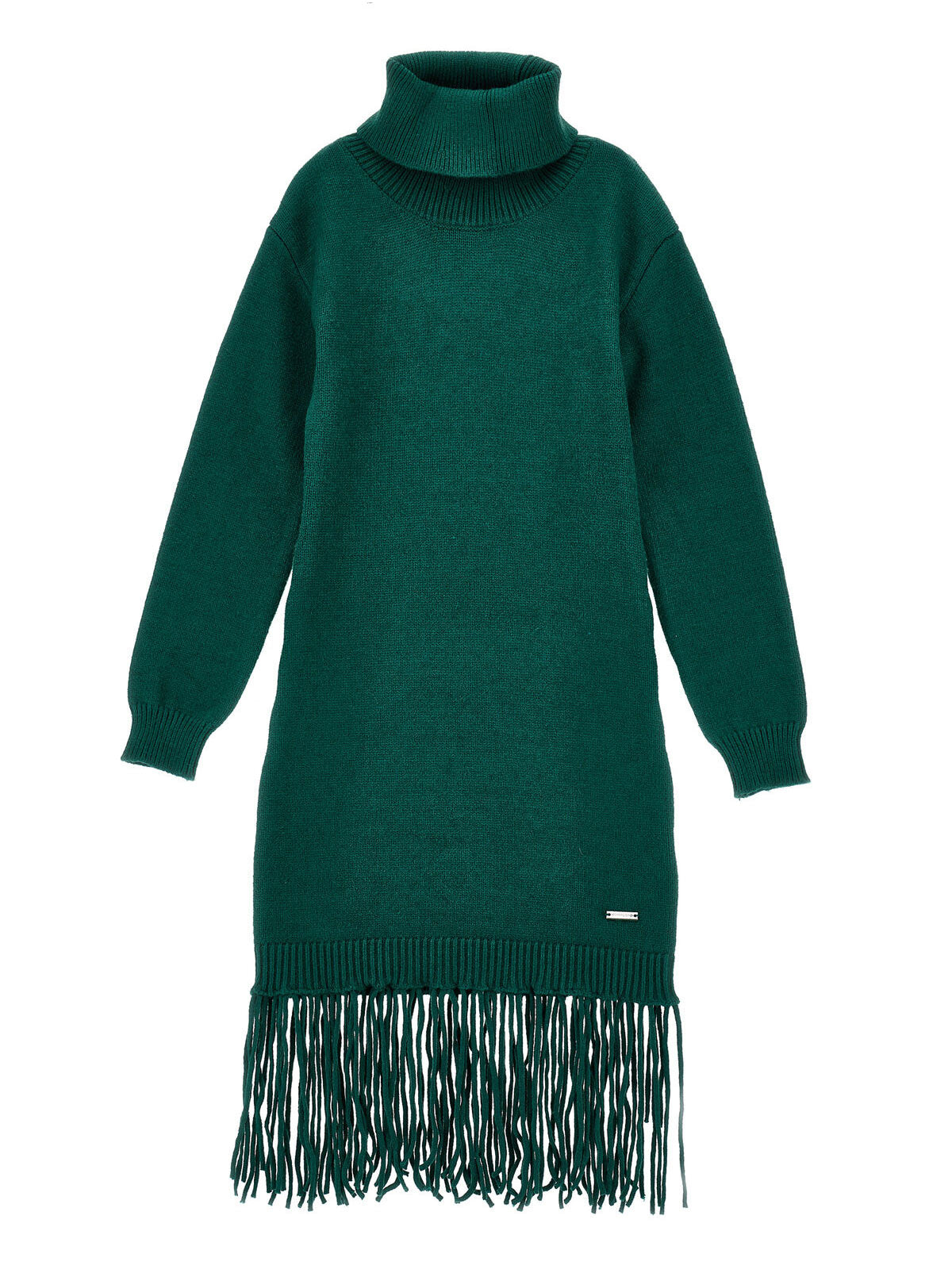 Monnalisa Πράσινο Πλεκτό φόρεμα με ψηλό λαιμό και κρόσσια