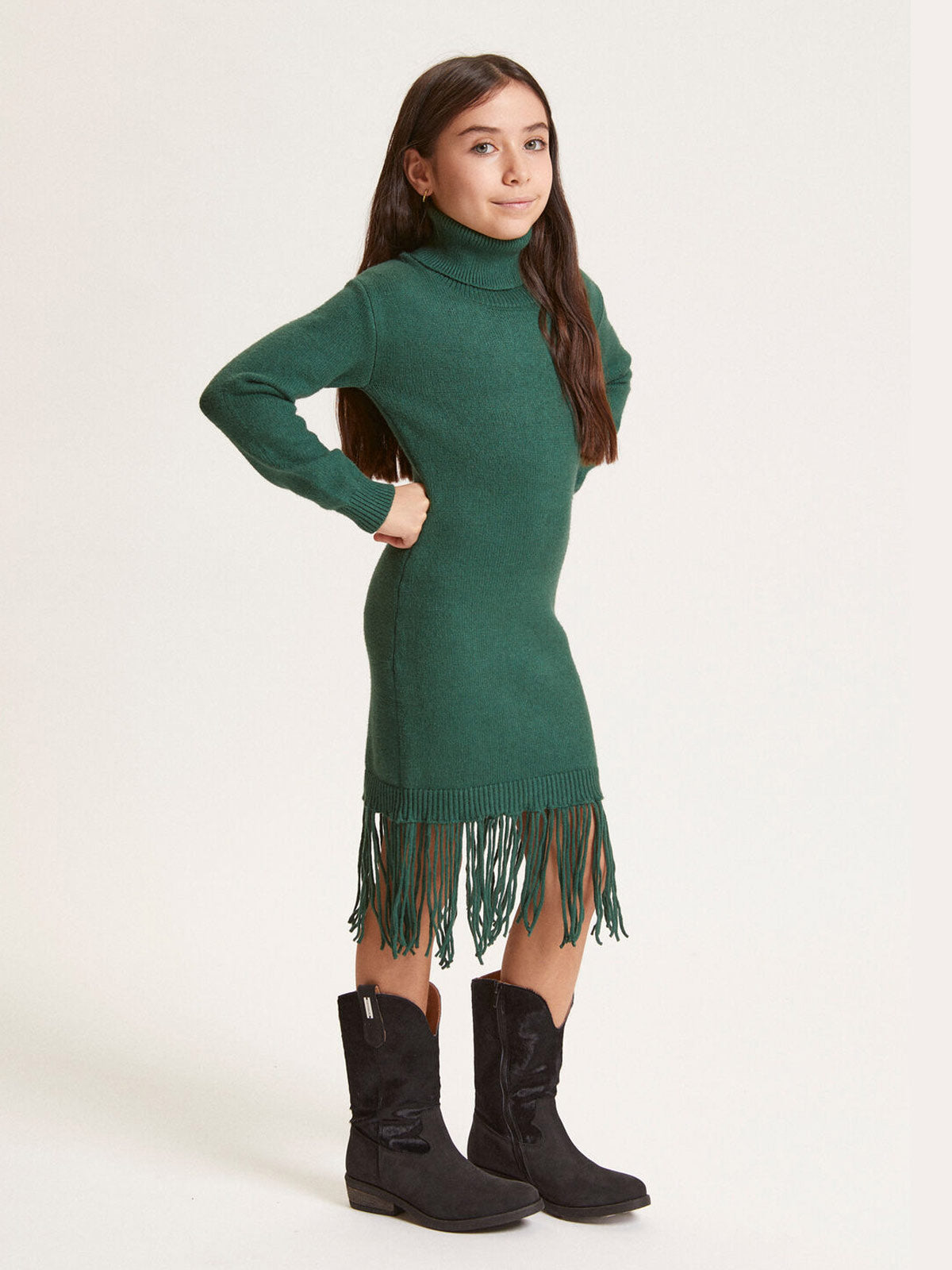 Monnalisa Πράσινο Πλεκτό φόρεμα με ψηλό λαιμό και κρόσσια