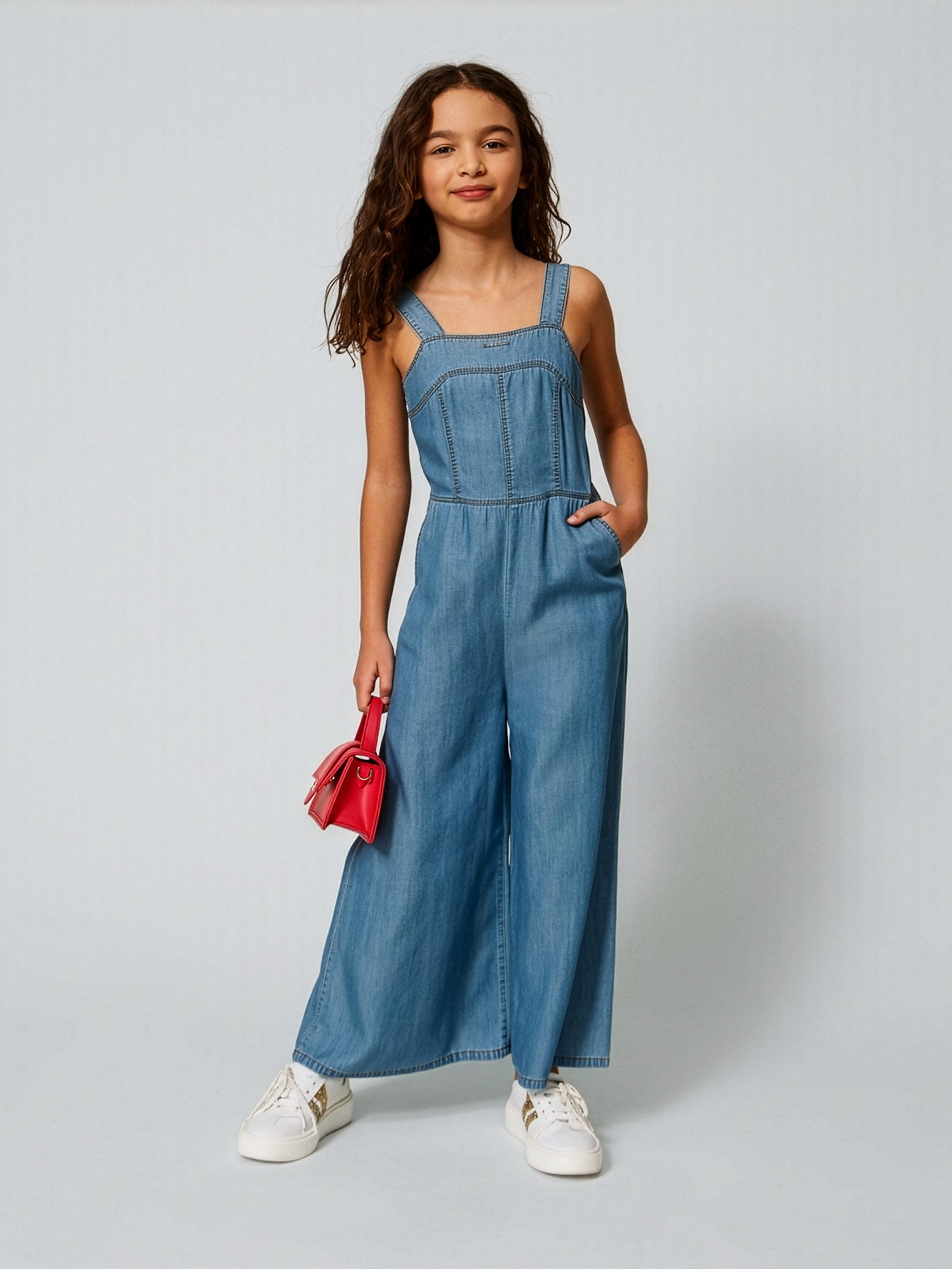 Twinset - Girls' chambray jumpsuit with wide-leg