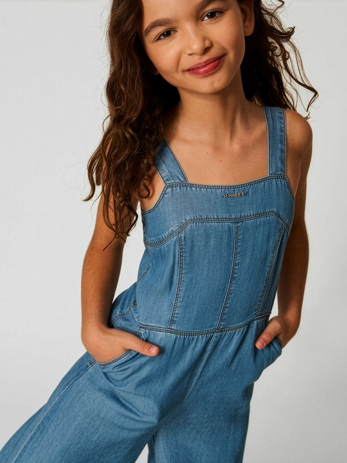 Twinset - Girls' chambray jumpsuit with wide-leg