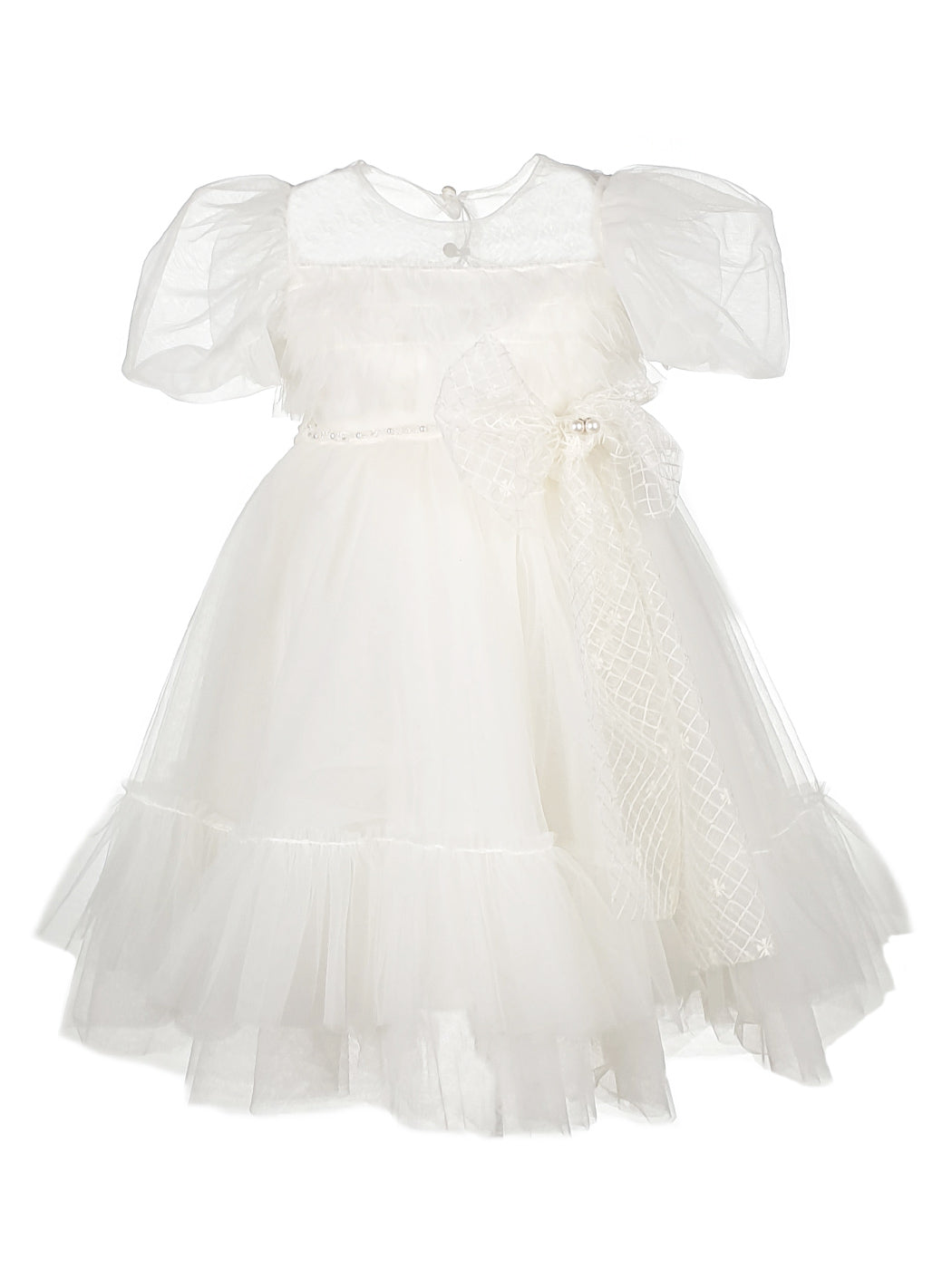 Baptism tulle Dress with gigot sleeve - RICH White