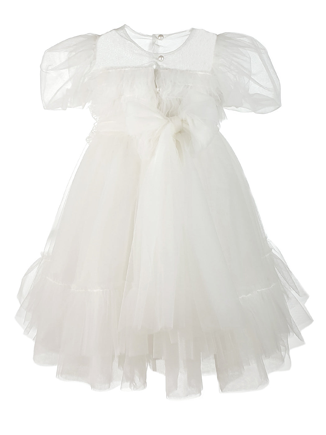 Baptism tulle Dress with gigot sleeve - RICH White