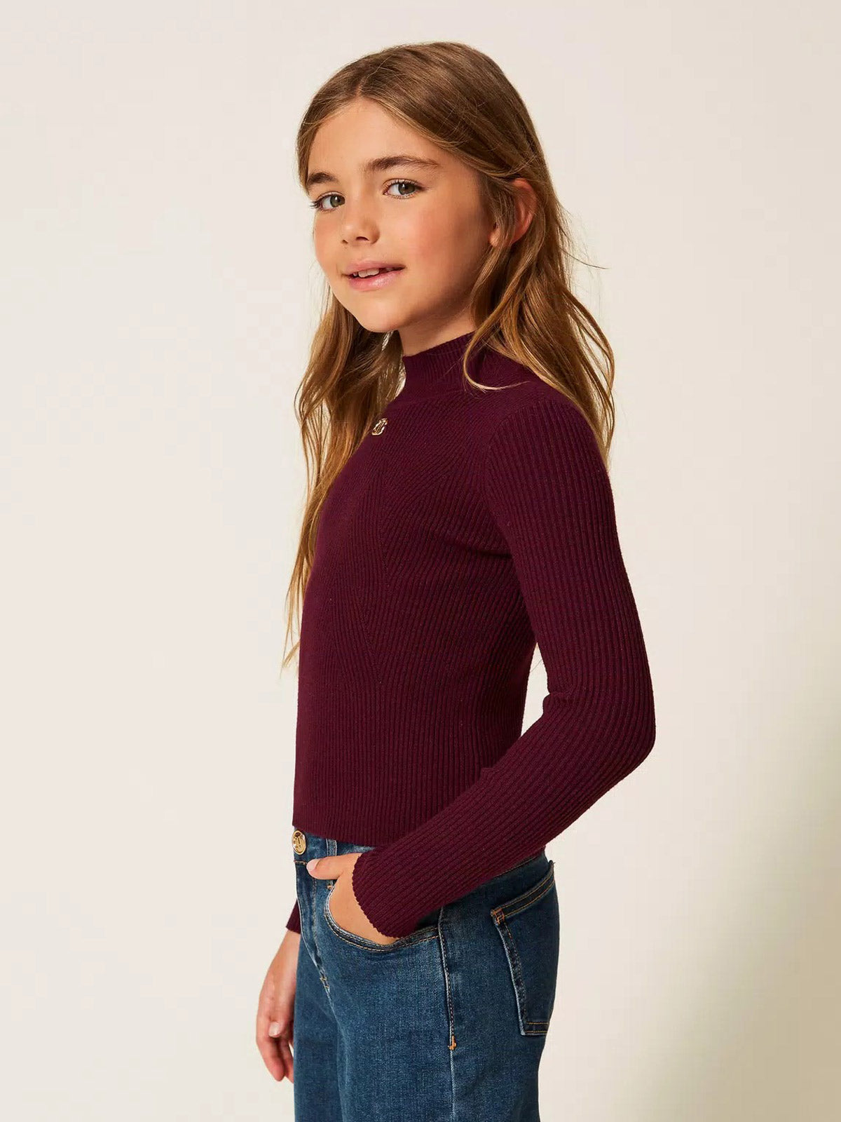 Twinset - Πλεκτό πουλόβερ με ζιβάγκο για κορίτσια - Μπορντό