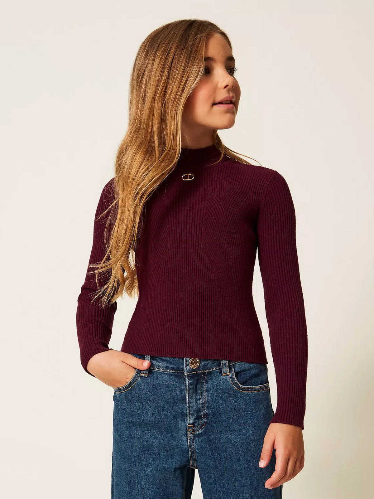 Twinset - Πλεκτό πουλόβερ με ζιβάγκο για κορίτσια - Μπορντό