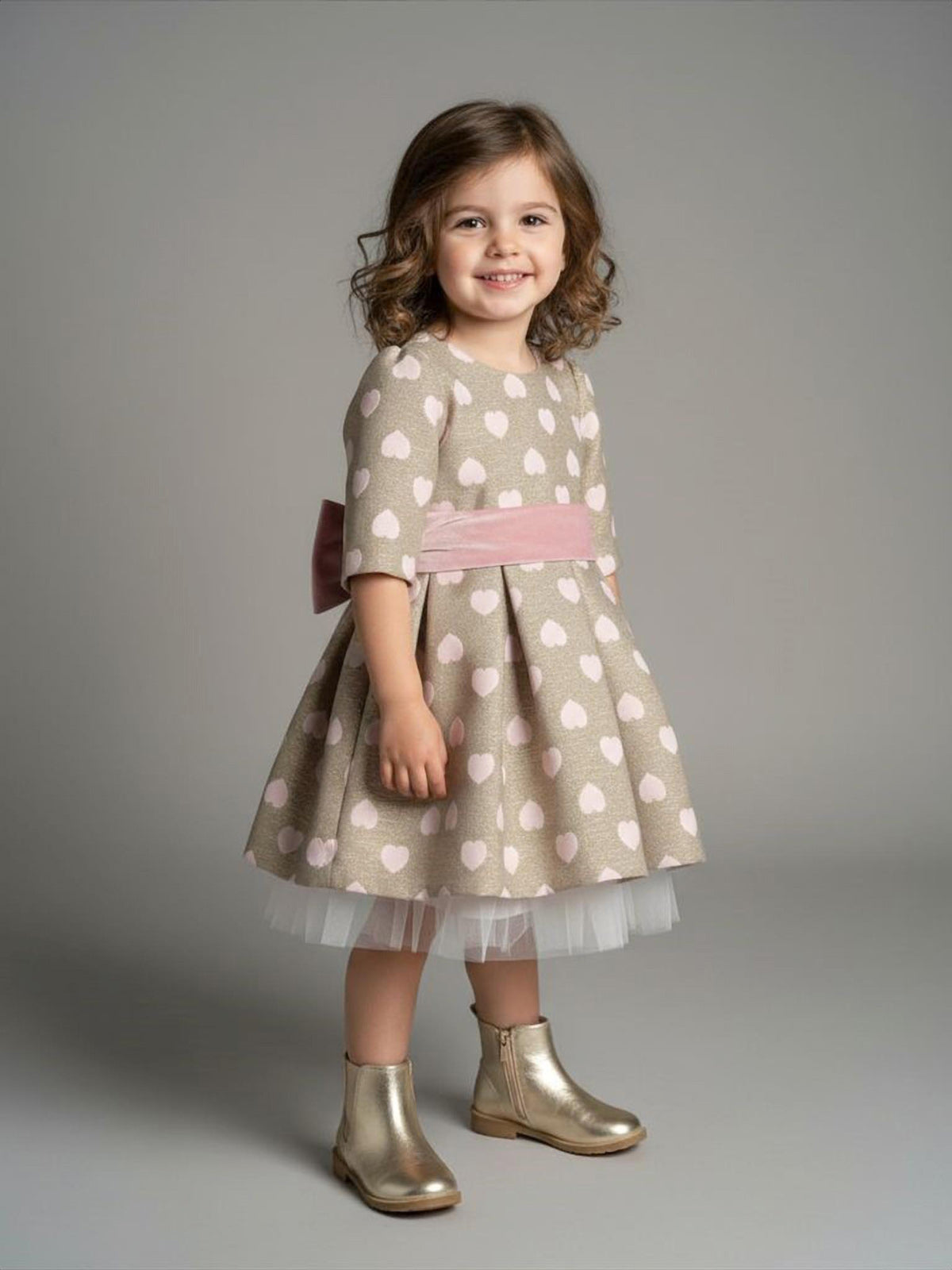 Girl's Dress with pink Jacquard hearts-ABEE