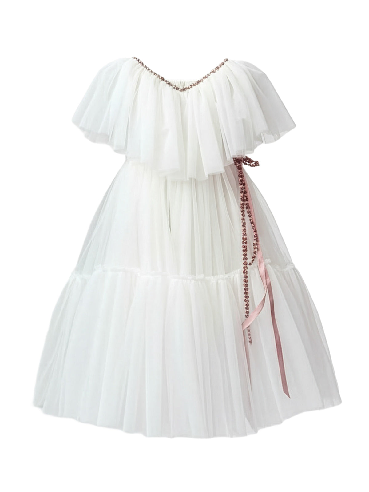 Girl's long tulle dress with V-neck - ANUSE-White