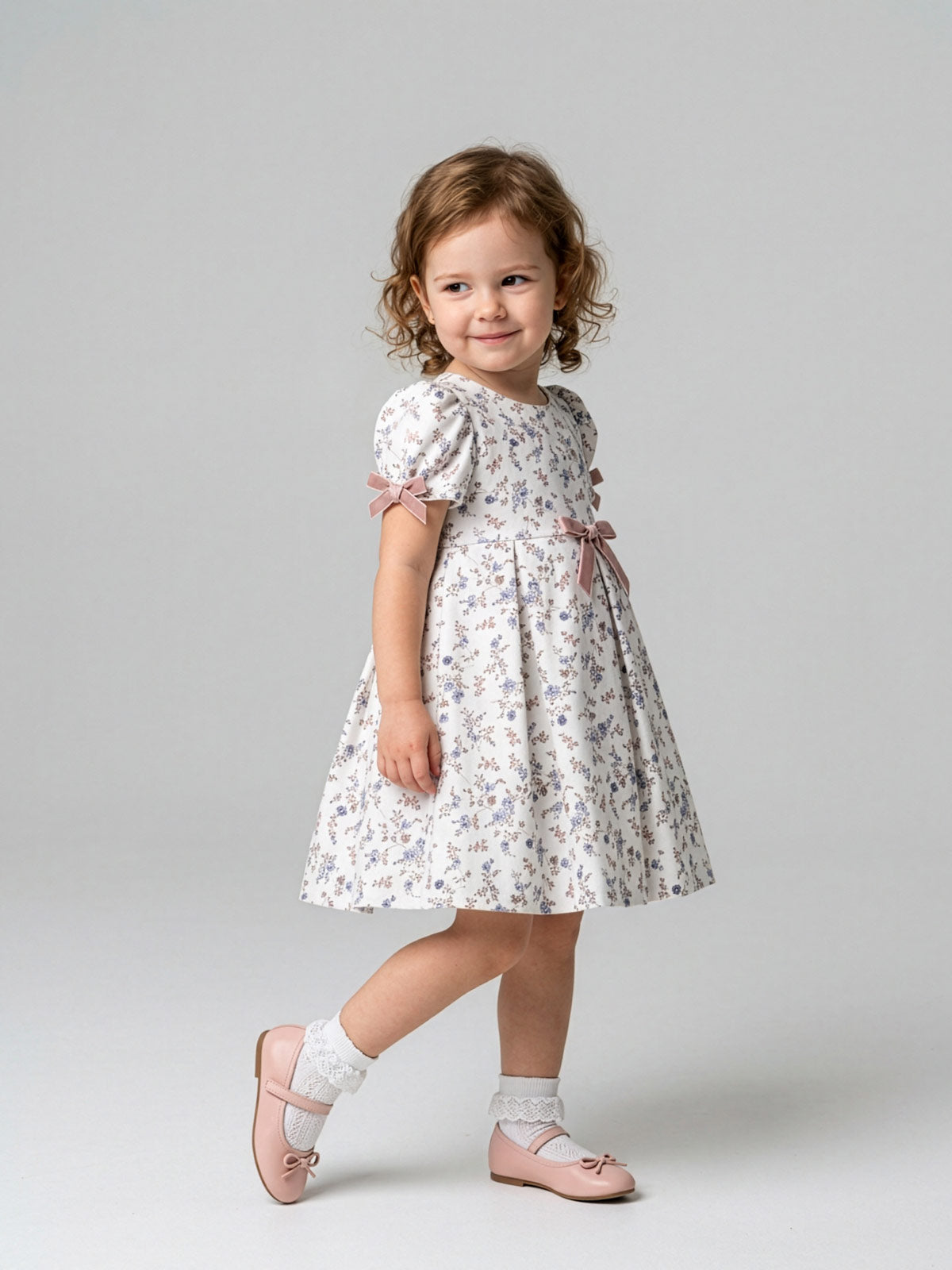 Designer's Cat Girls Printed Cotton Dress with Velvet Bow – Limoz