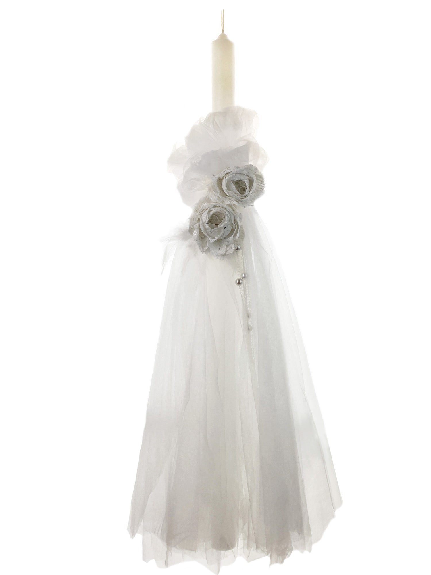 Christening candle with tulle & flowers-ALIVIA