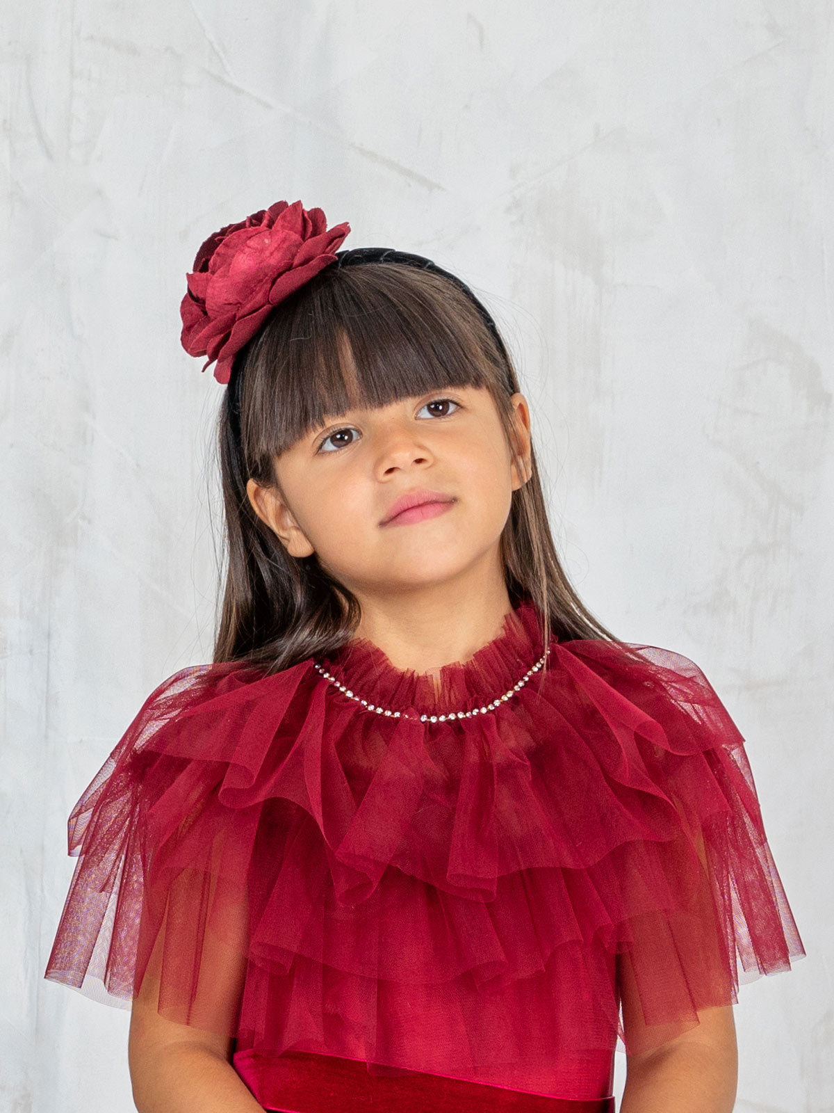 Girl's long tulle dress with rhinestones - RED BERRY