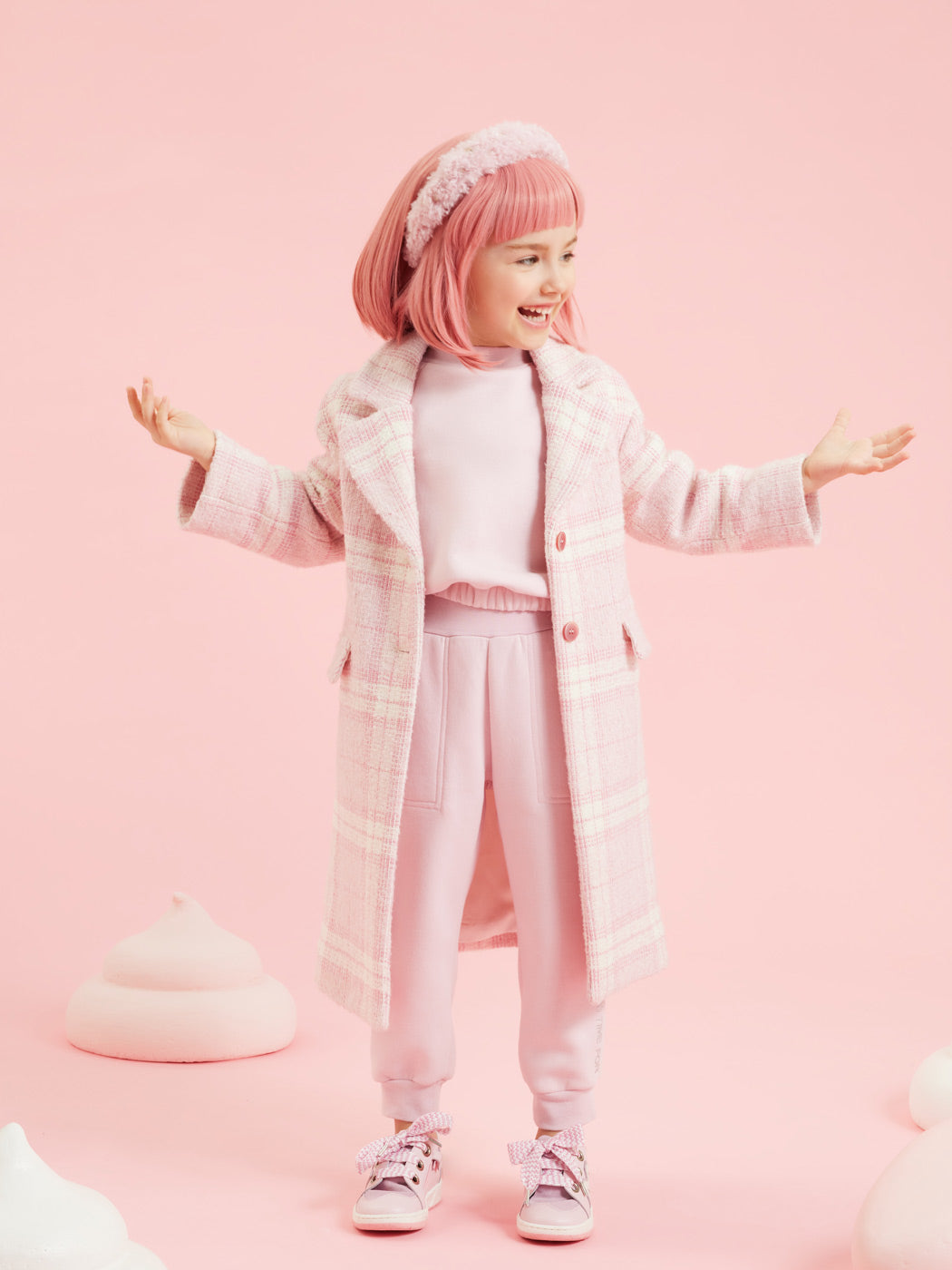 MONNALISA Pink Tartan bouclé coat for girl-17B109
