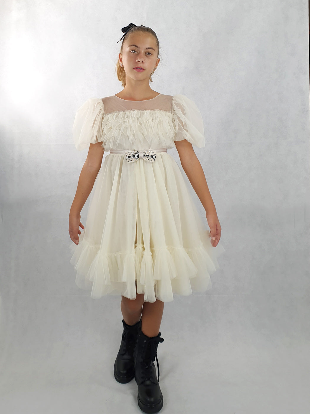 Τούλινο φόρεμα για κορίτσι με βολάν - ISADORA Εκρού