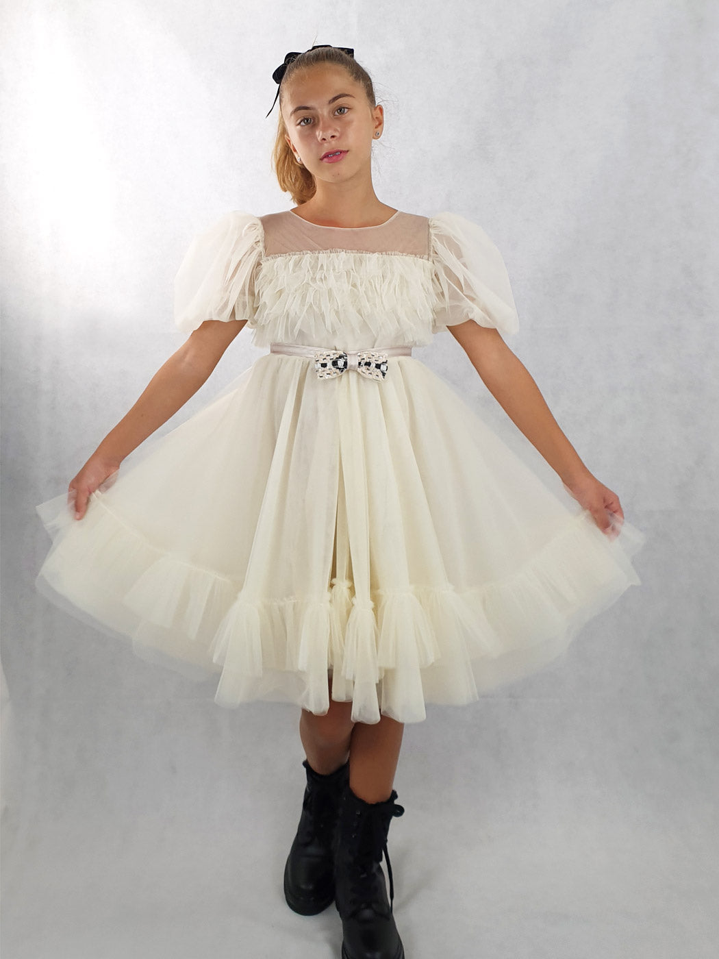 Τούλινο φόρεμα για κορίτσι με βολάν - ISADORA Εκρού