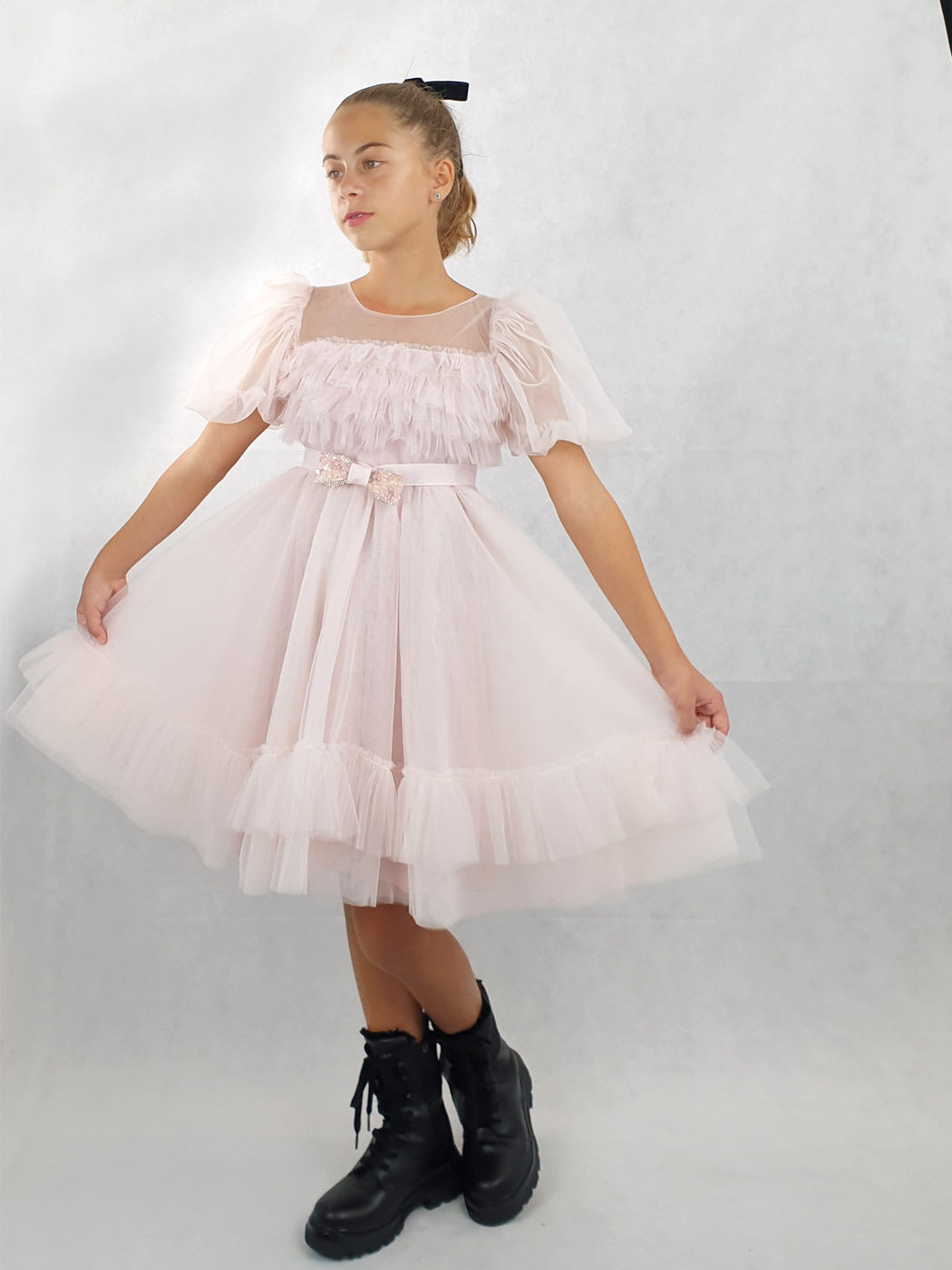 Τούλινο φόρεμα για κορίτσι με βολάν - ISADORA Ροζ