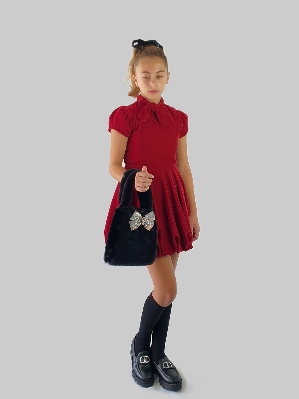 Girl's velvet balloon dress with pleats - LAVA Red
