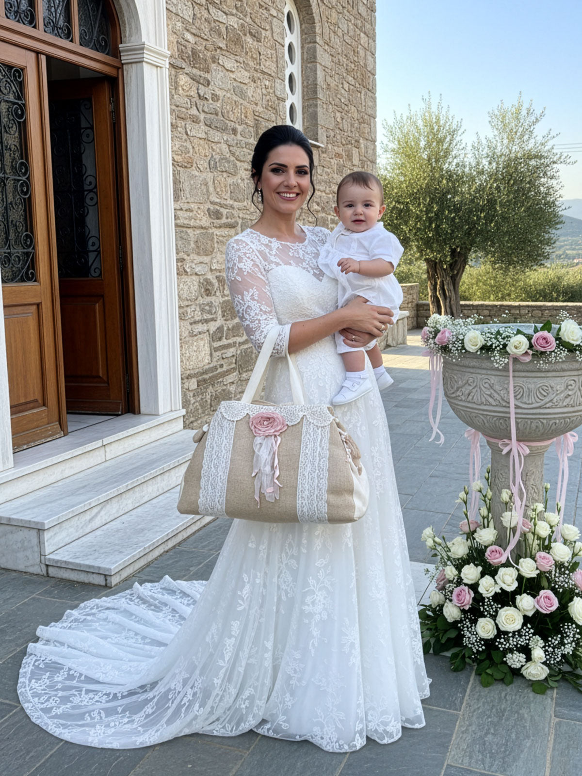 Baptism Handmade Natural Burlap bag - LYDIA