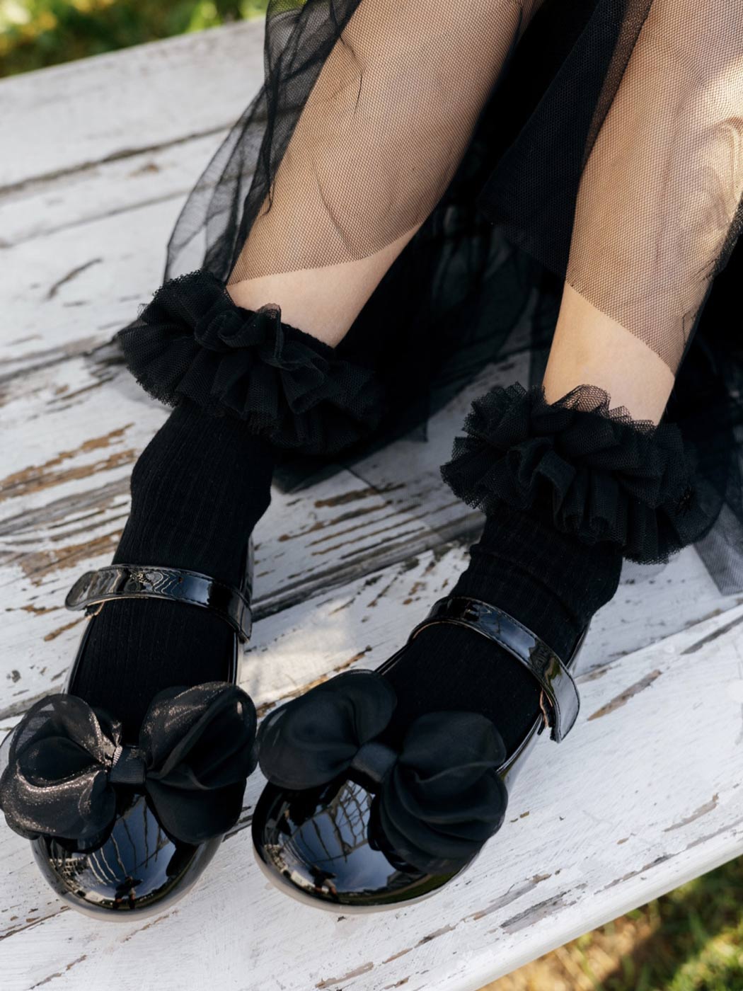NENA BEBE Μαύρες Κοριτσίστικες κοντές κάλτσες με τούλινο βολάν