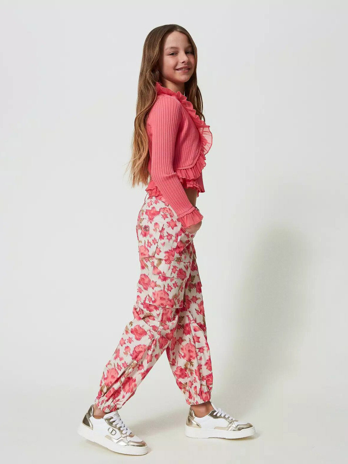 Twinset girls' Floral poplin cargo trousers