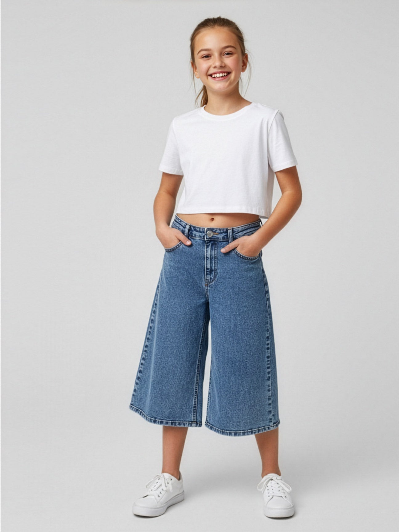 Twinset -Girls' wide leg denim bermuda pants