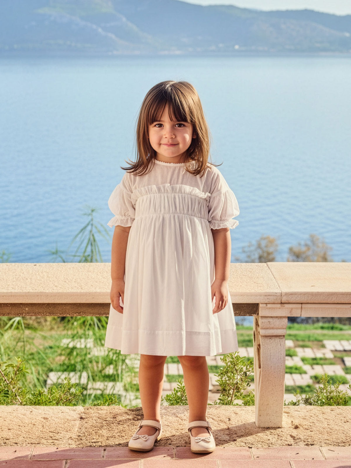 Baptism Cotton Dress with sleeve - WHITNEY white