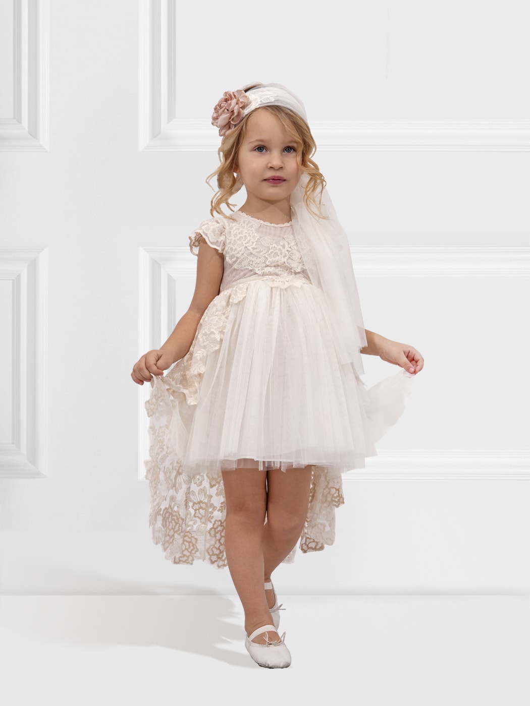 Baptism tulle dress with lace 2pcs - NORA Ivory