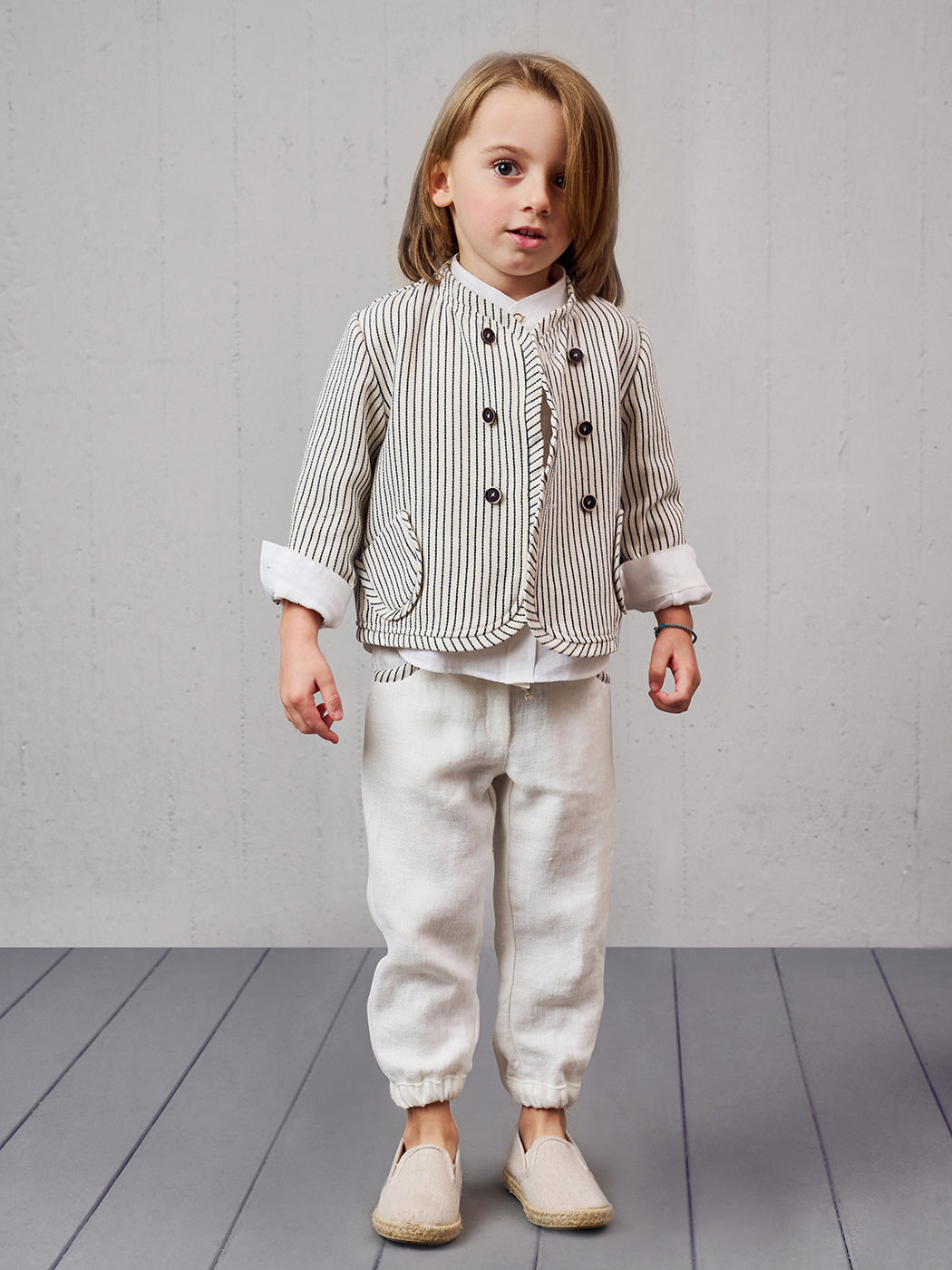 Baptism Linen outfit 5pcs with striped Jacket - KERT