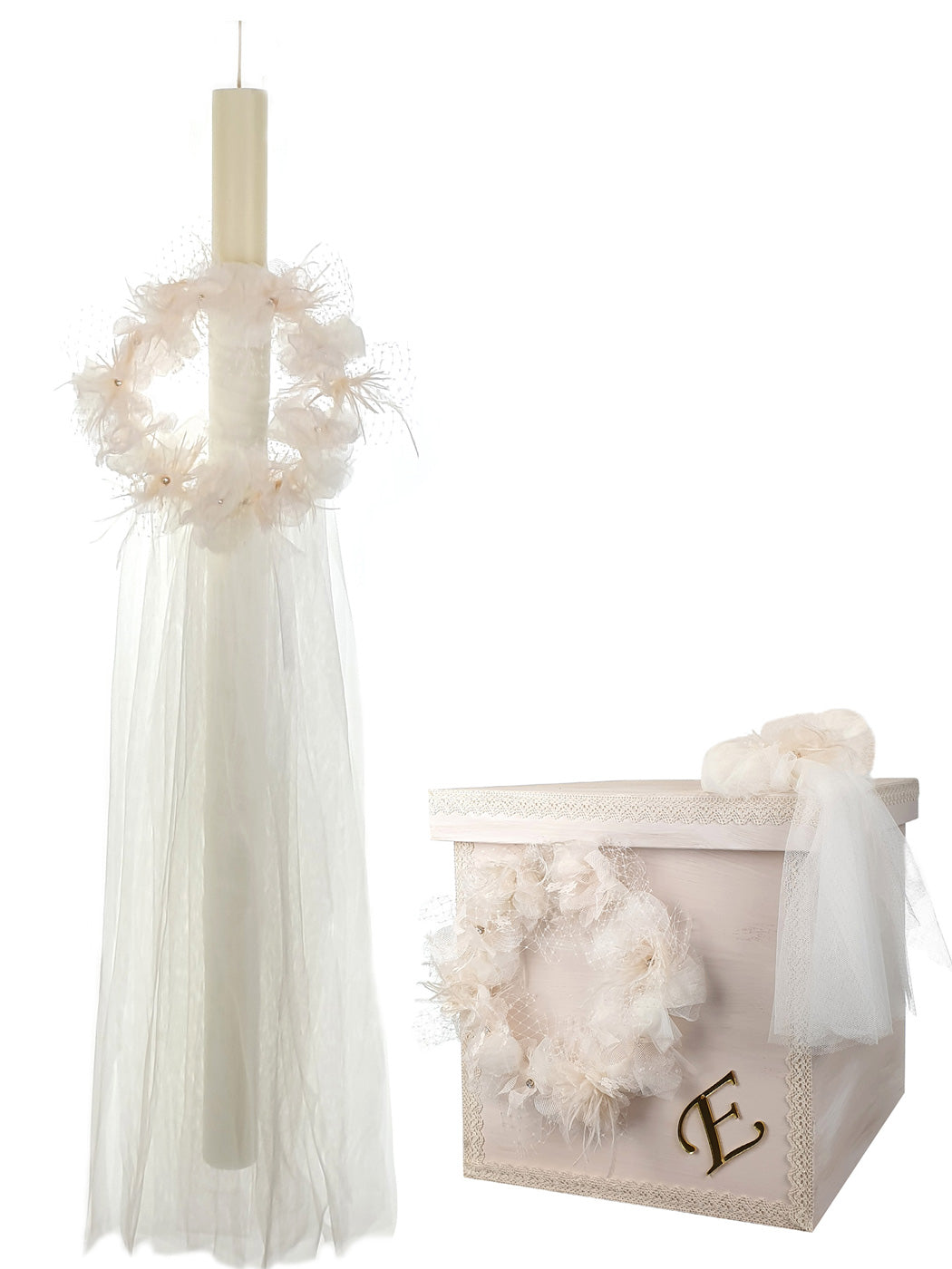 Baptism candle with wreath of flowers - STACY