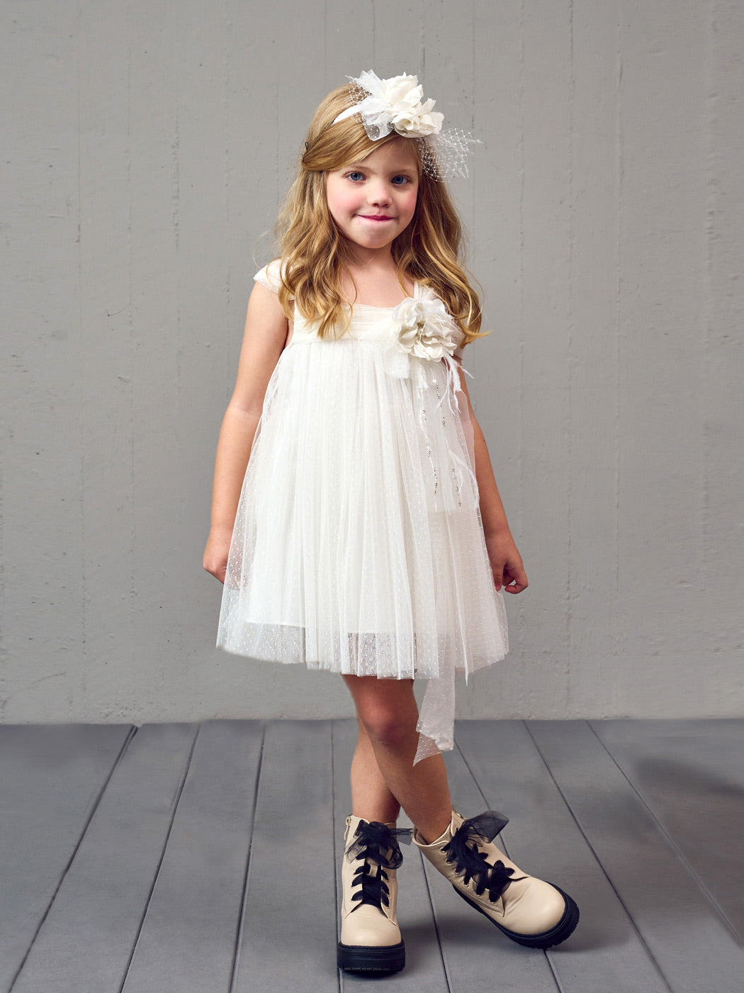 Baptism Tulle dress with polka dots - ANNETA white