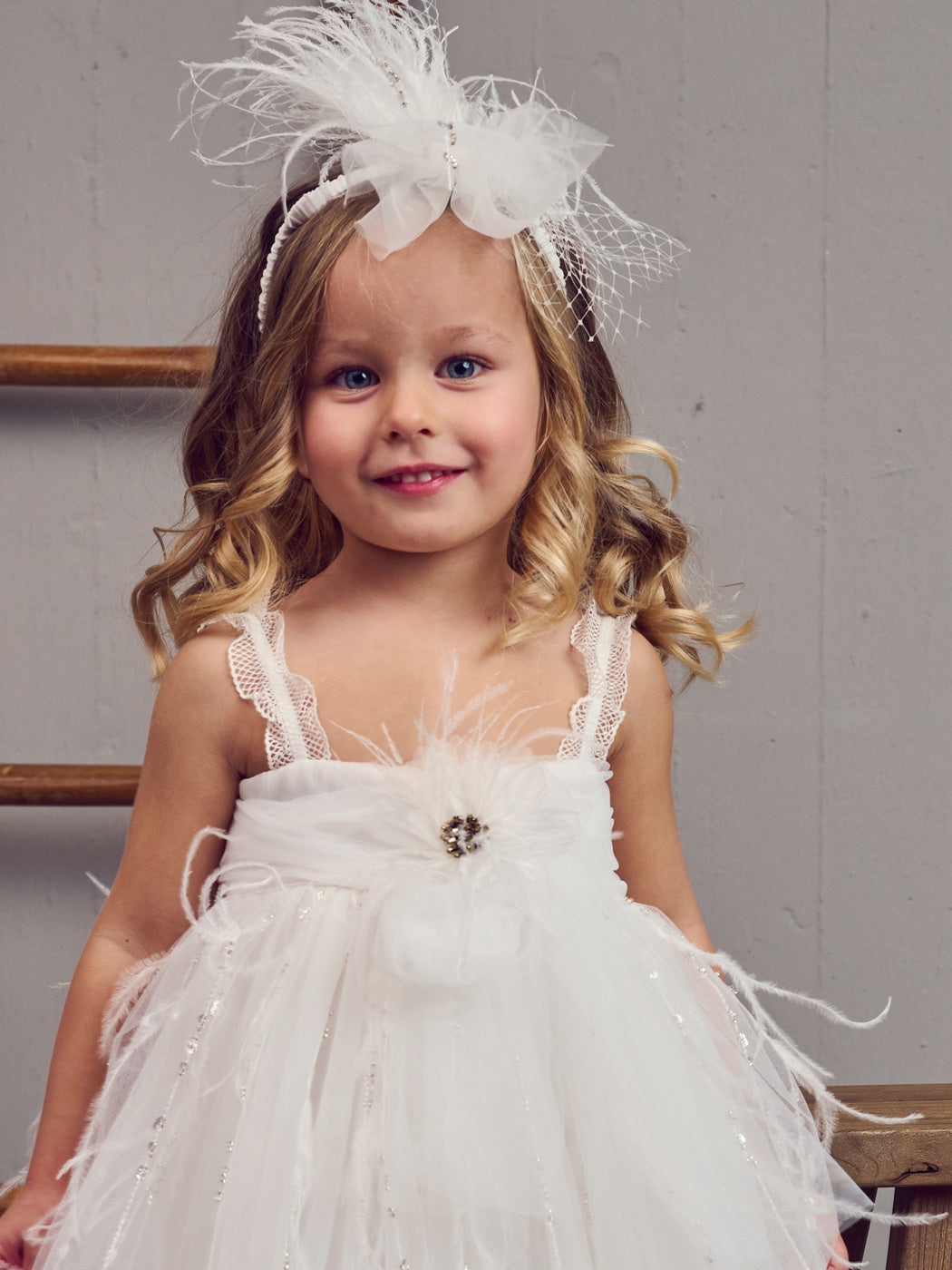 Baptism Tulle dress with feathers - CHIARA