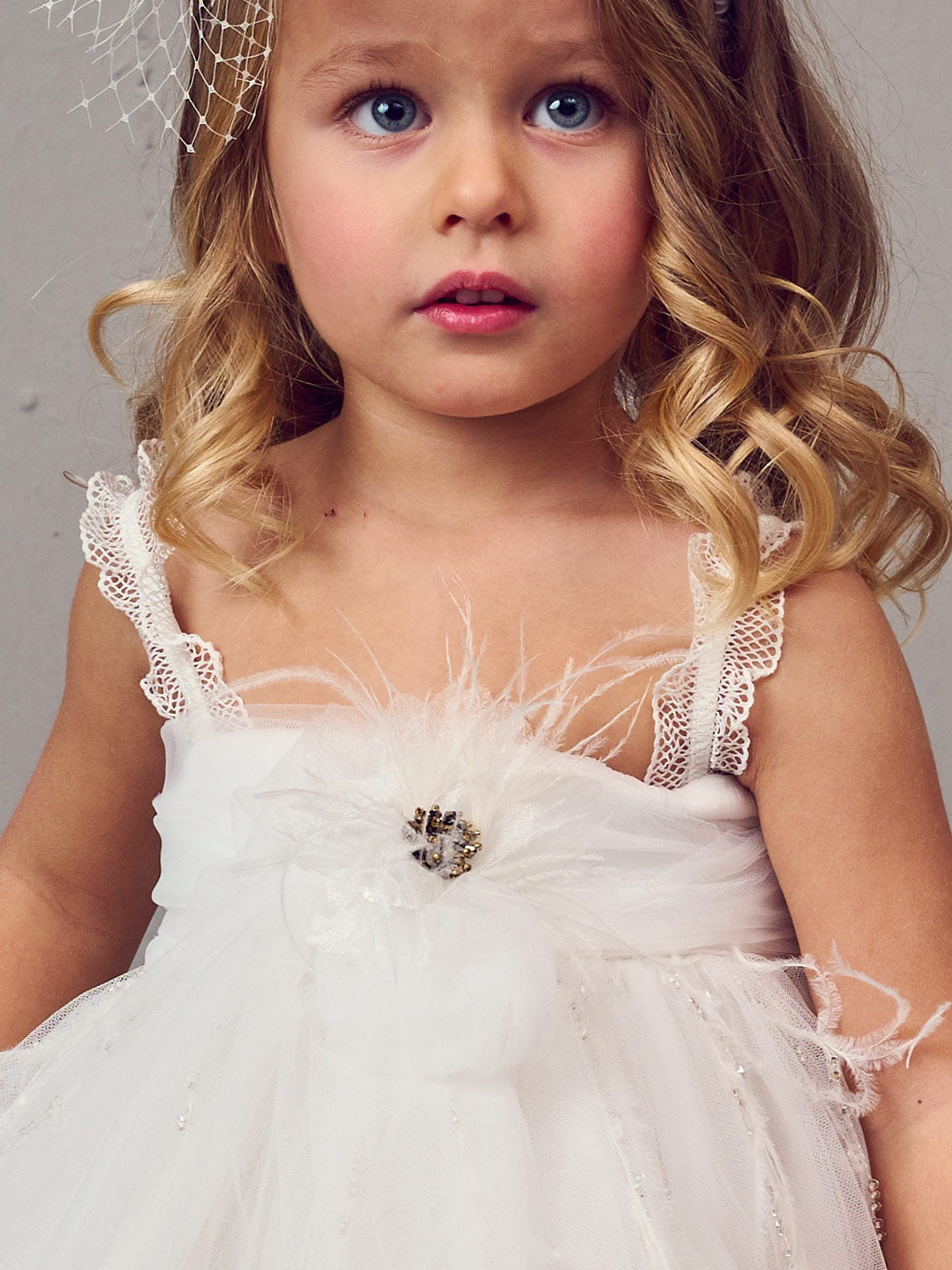 Baptism Tulle dress with feathers - CHIARA
