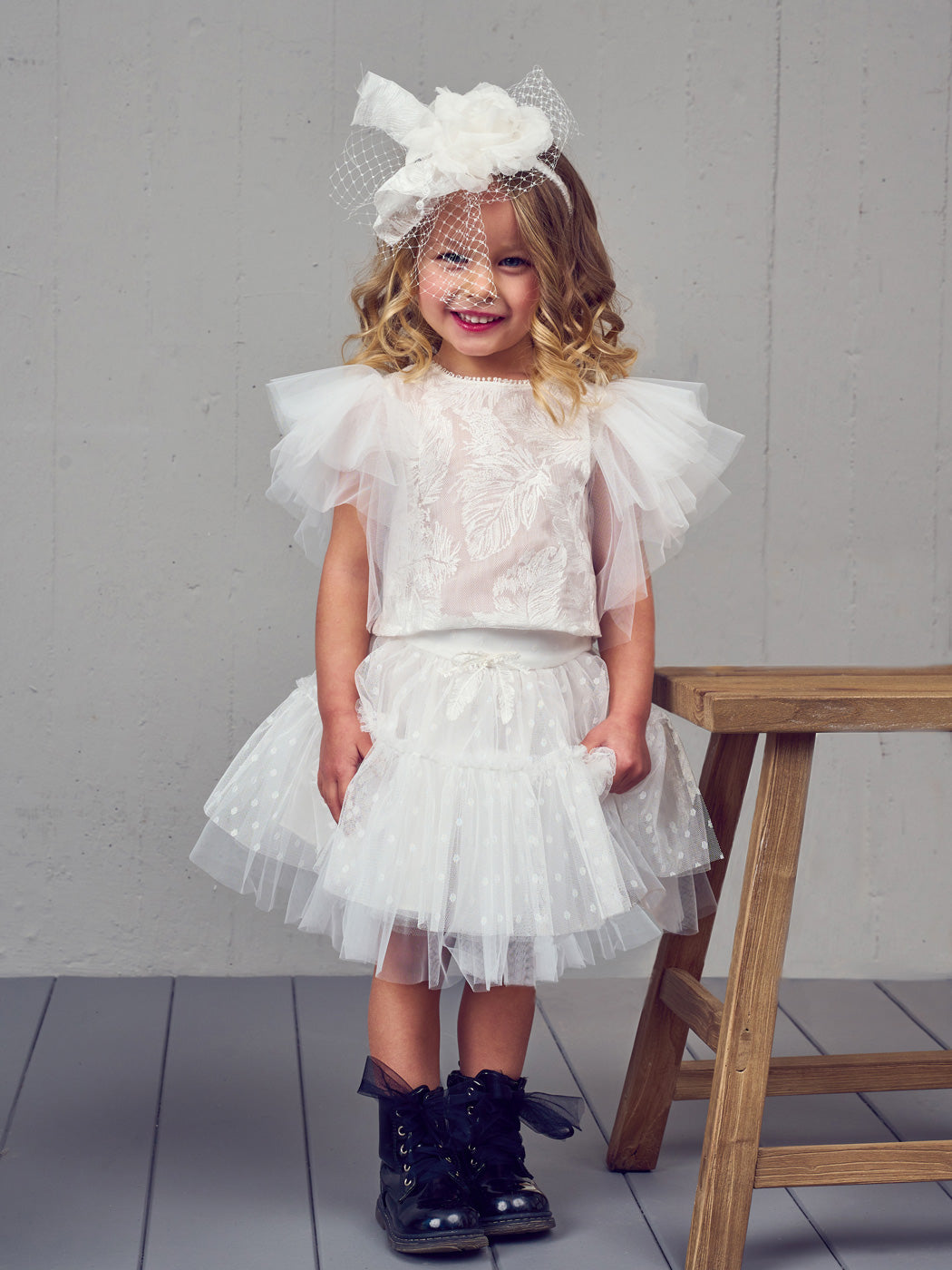 Baptism Silk outfit with tulle skirt and top - EVINA
