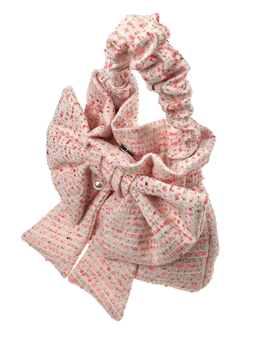 Μίνι τσάντα χειρός tweed διακοσμημένη με φιόγκο και πέρλα