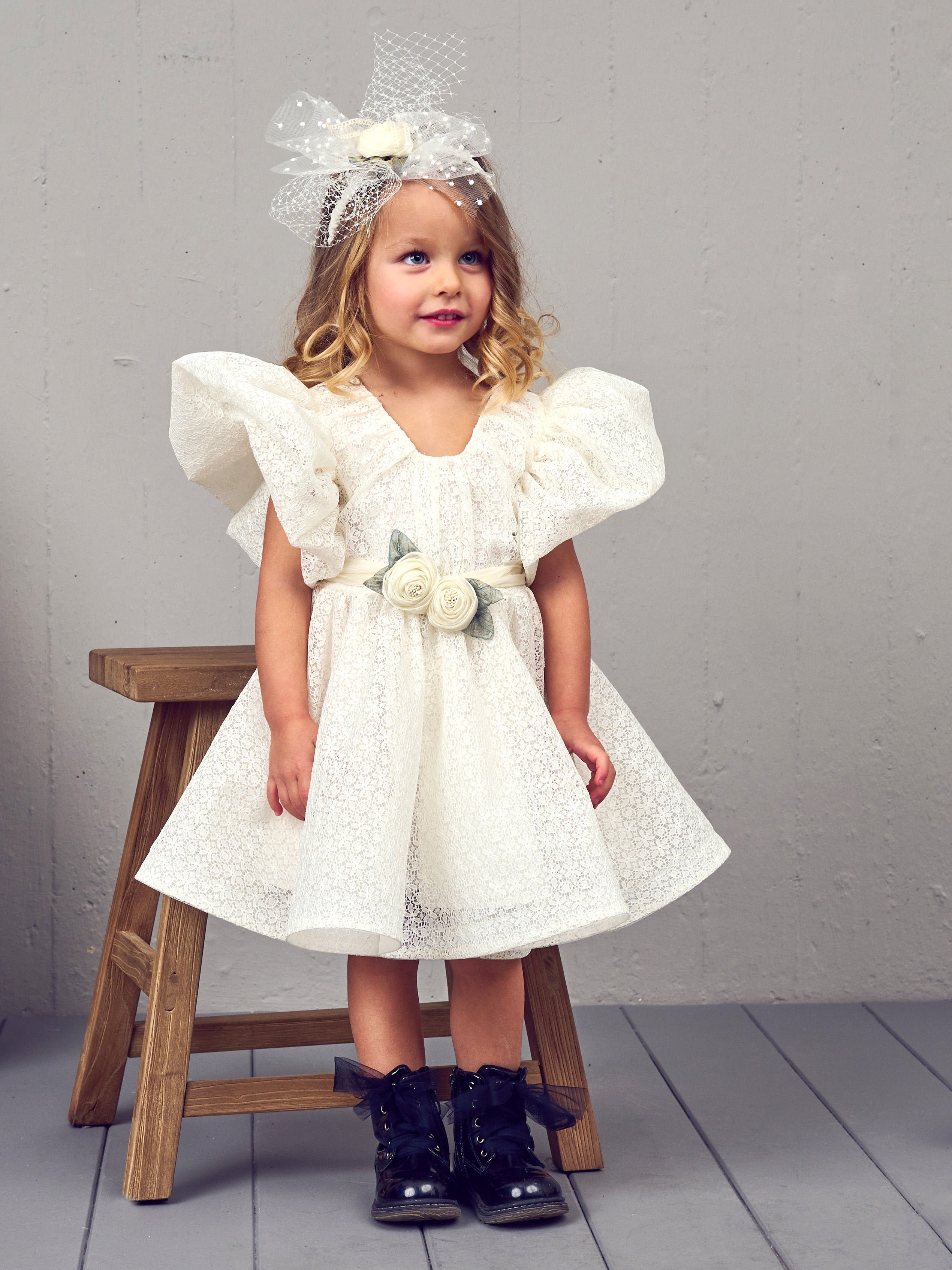 Baptism Lace dress with balloon sleeves - HARIS